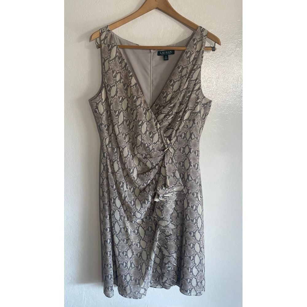 Lauren Ralph Lauren Snakeskin Print Faux Wrap Dress Grey Tan Sleeveless Size 14